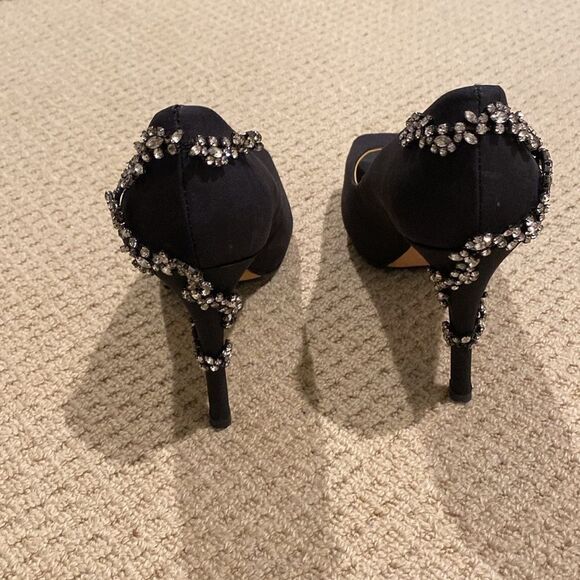 Badgley Mishka Black Satin Peep toe Heels with Crystal Embellishments Size 9 - Picture 4 of 7
